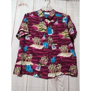 Basic Editions Womens Tropical Hibiscus Palm Tree Sailboat Rayon Shirt Magenta M